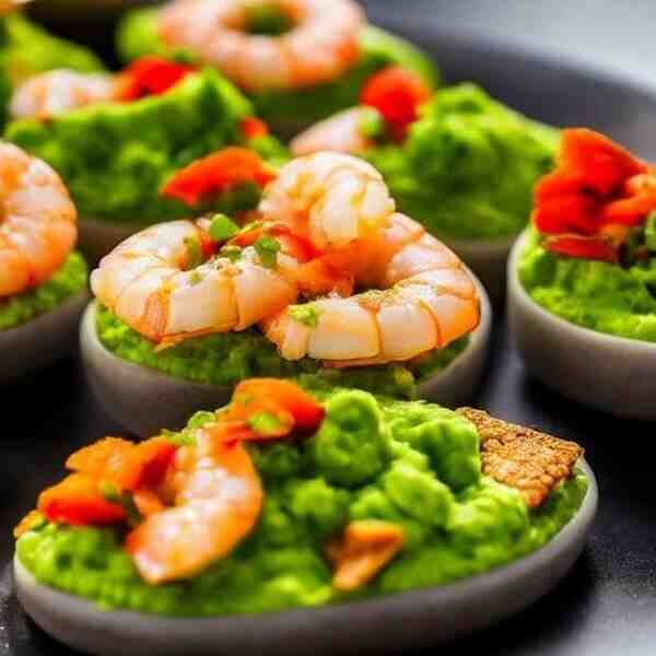 Канапе с креветками на гороховом пюре